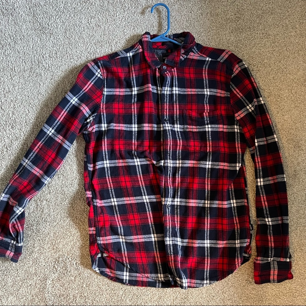 Mens Large Denim and Flower Navy and Red Flannel. Great condition.